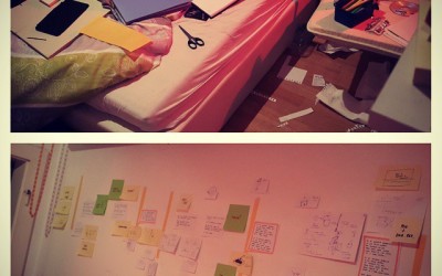 Idea wall for next animated film, I vaguely remember there was a bed in this room once? #storyboard #clutter